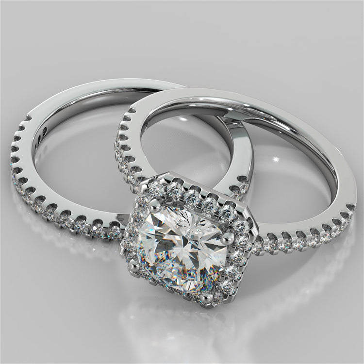 Cushion Cut Trio Wedding Set with Pavé-Style Halo