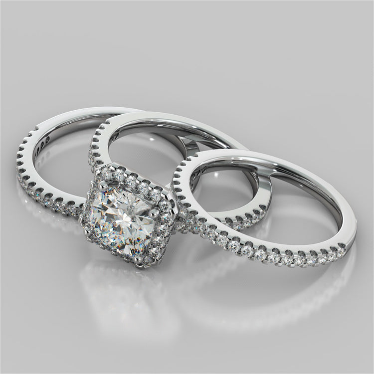 Cushion Cut Scalloped-Halo Wedding Set