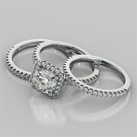 Cushion Cut Trio Wedding Set with Pavé-Style Halo