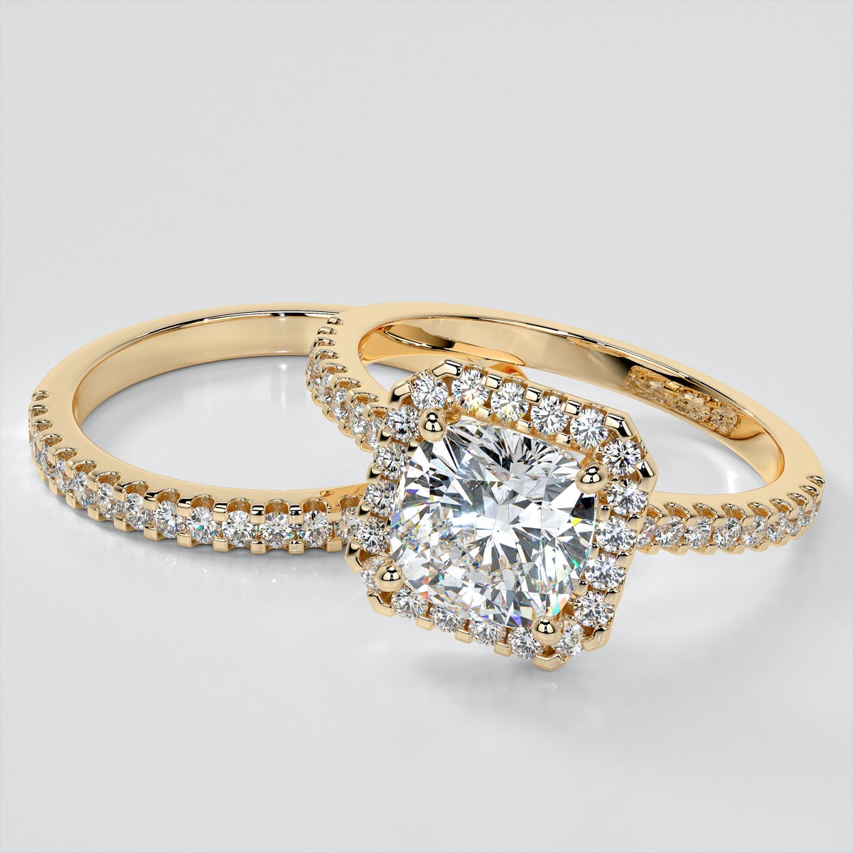 Cushion Cut Trio Wedding Set with Pavé-Style Halo