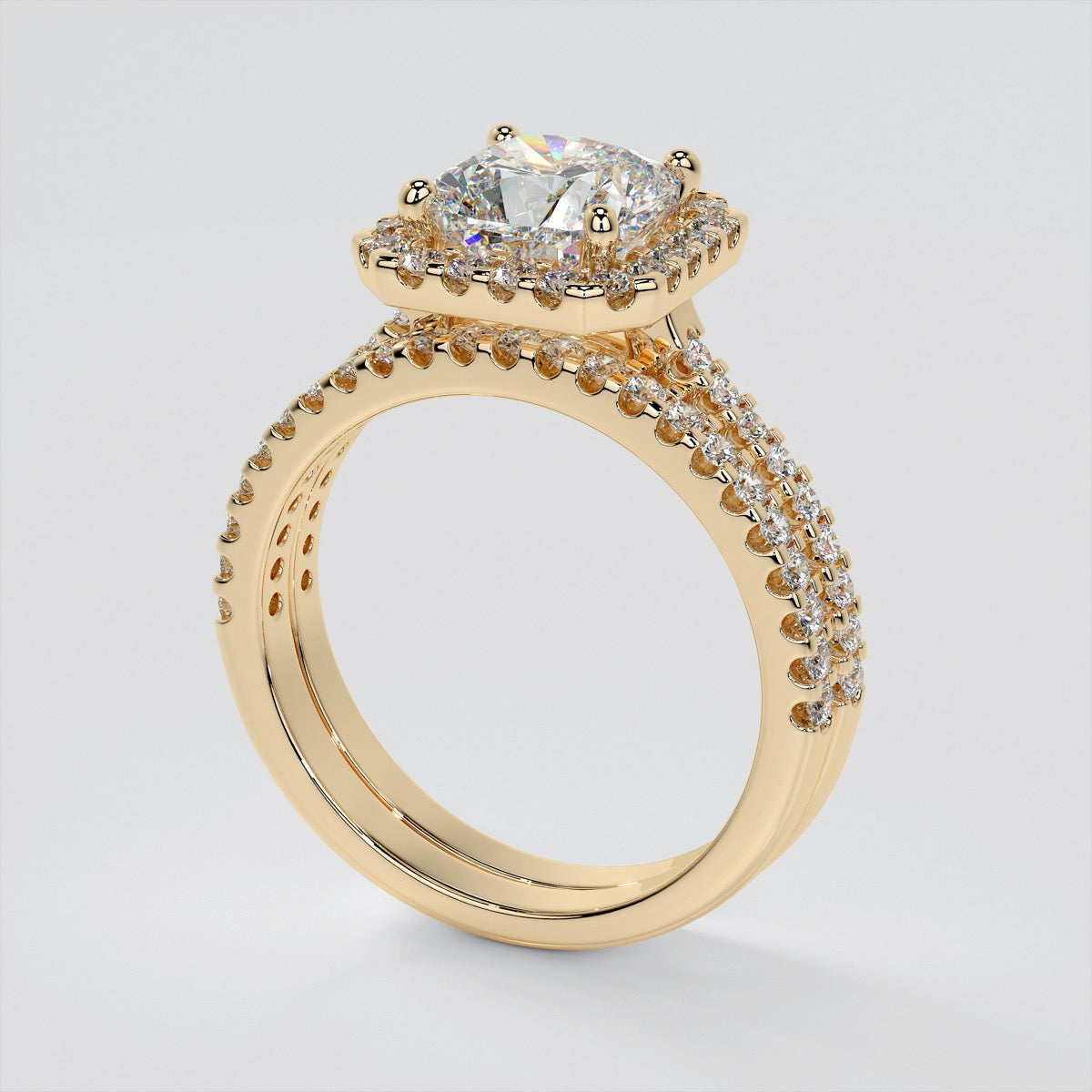 Cushion Cut Trio Wedding Set with Pavé-Style Halo