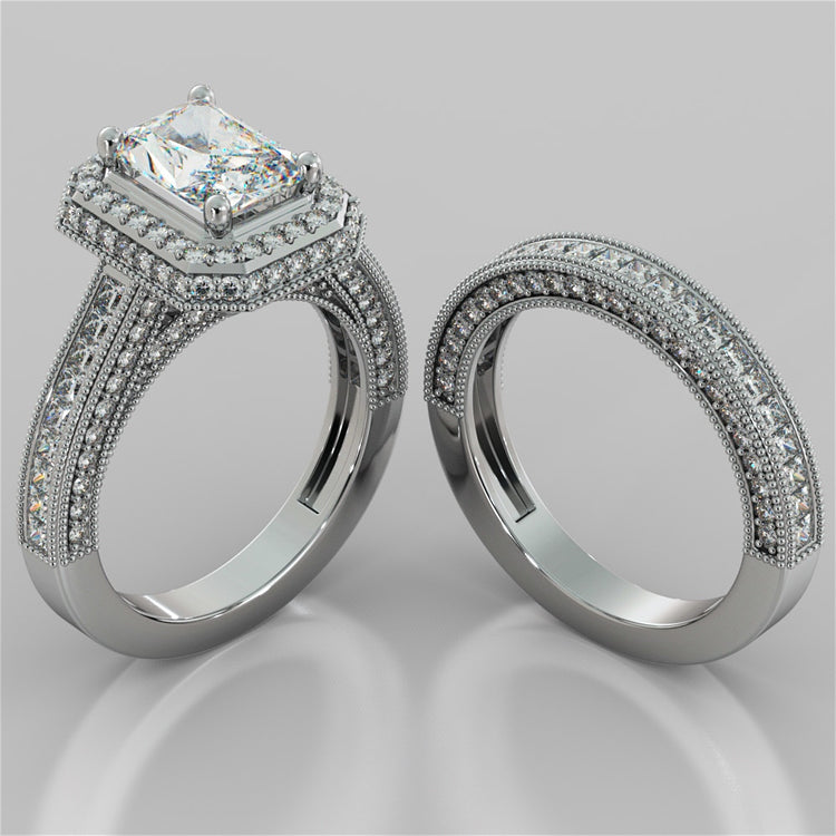 Pavé-Style Double Halo Radiant Cut Wedding Set