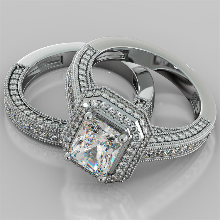 Pavé-Style Double Halo Radiant Cut Wedding Set