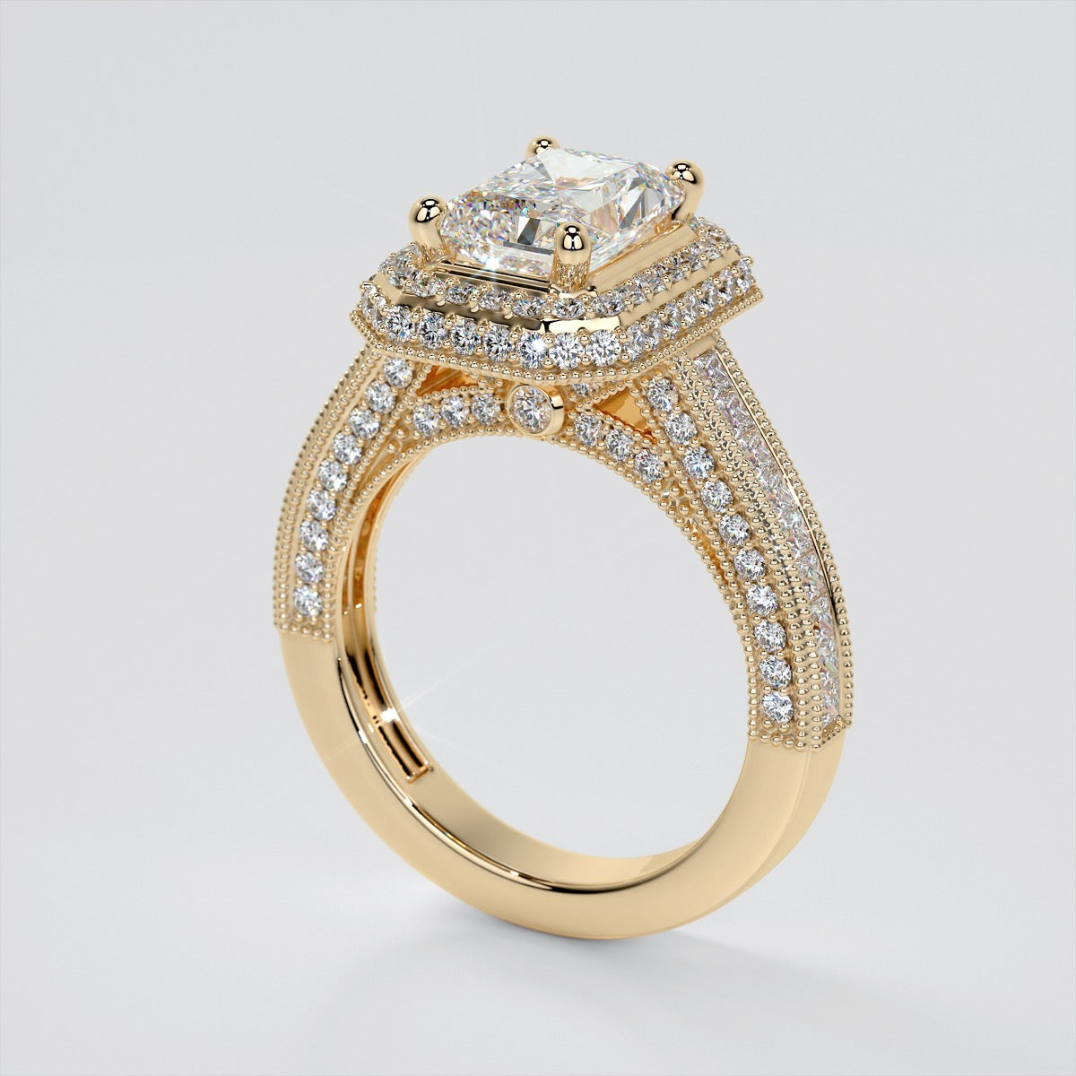 1.5Ct Radiant Cut Lab Grown Diamond Double Tier Halo Engagement Ring