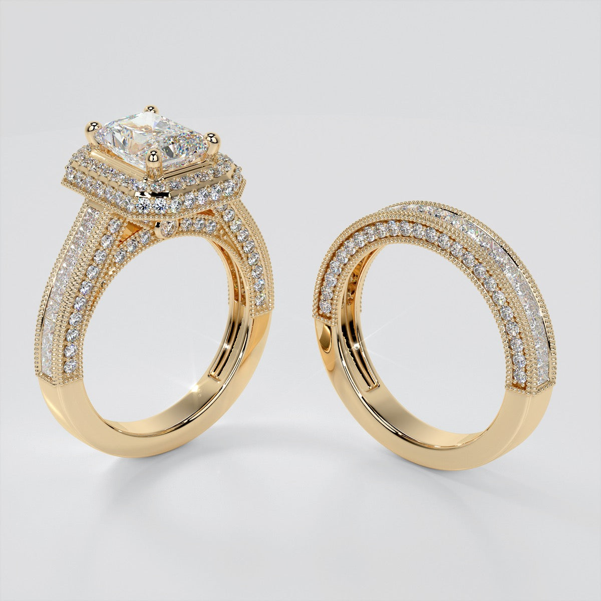 Double-Tier Octagonal Halo Radiant Cut Trio Wedding Set