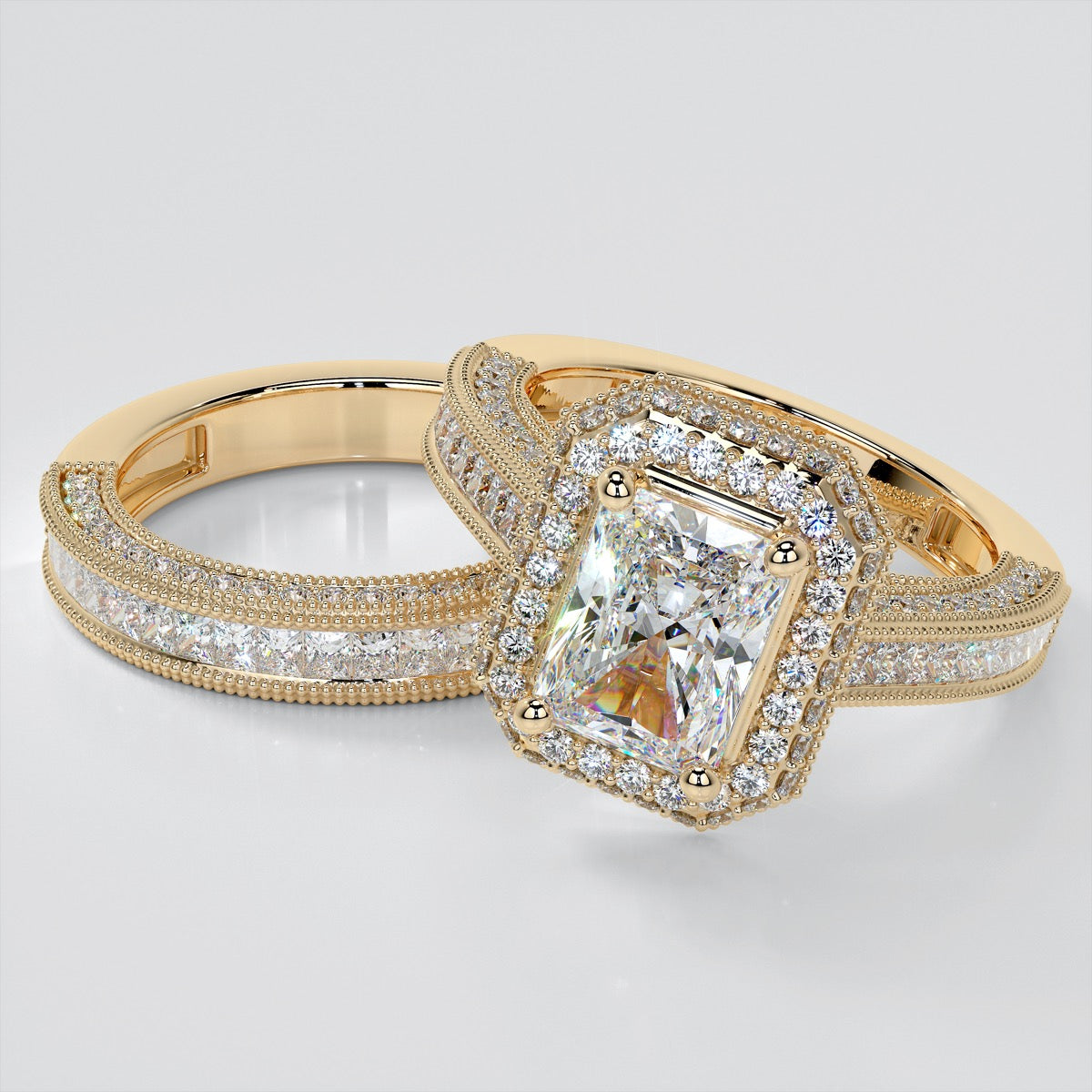 Pavé-Style Double Halo Radiant Cut Wedding Set