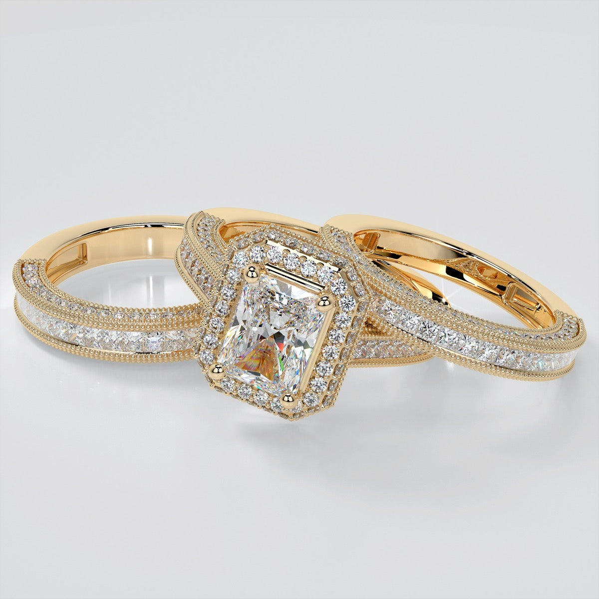 Pavé-Style Double Halo Radiant Cut Wedding Set