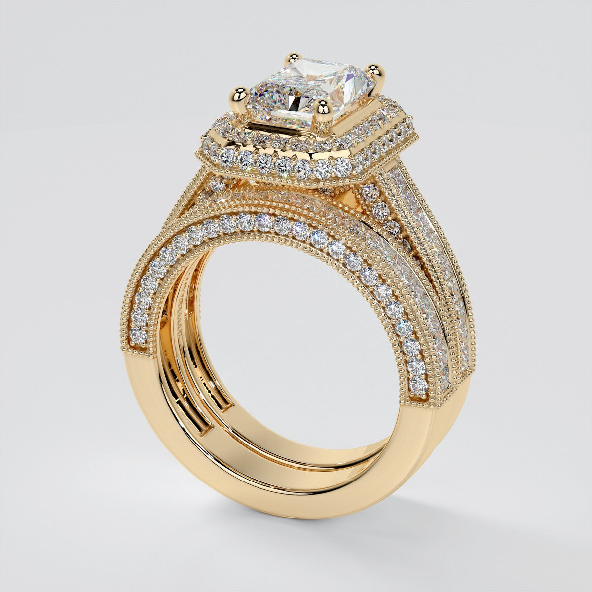 Pavé-Style Double Halo Radiant Cut Wedding Set