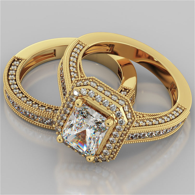 Pavé-Style Double Halo Radiant Cut Wedding Set