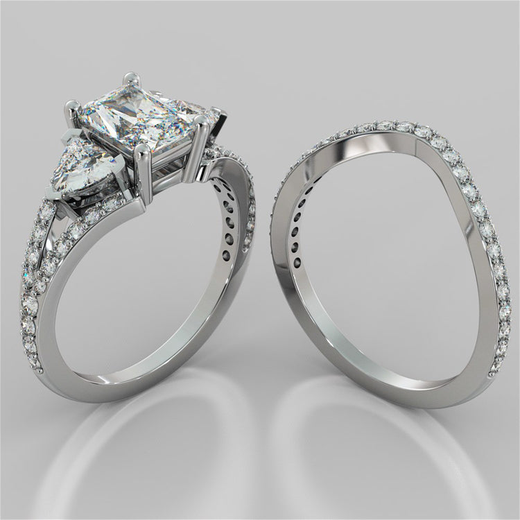 Three-Stone Radiant Cut Trio Wedding Set with Split Shanks