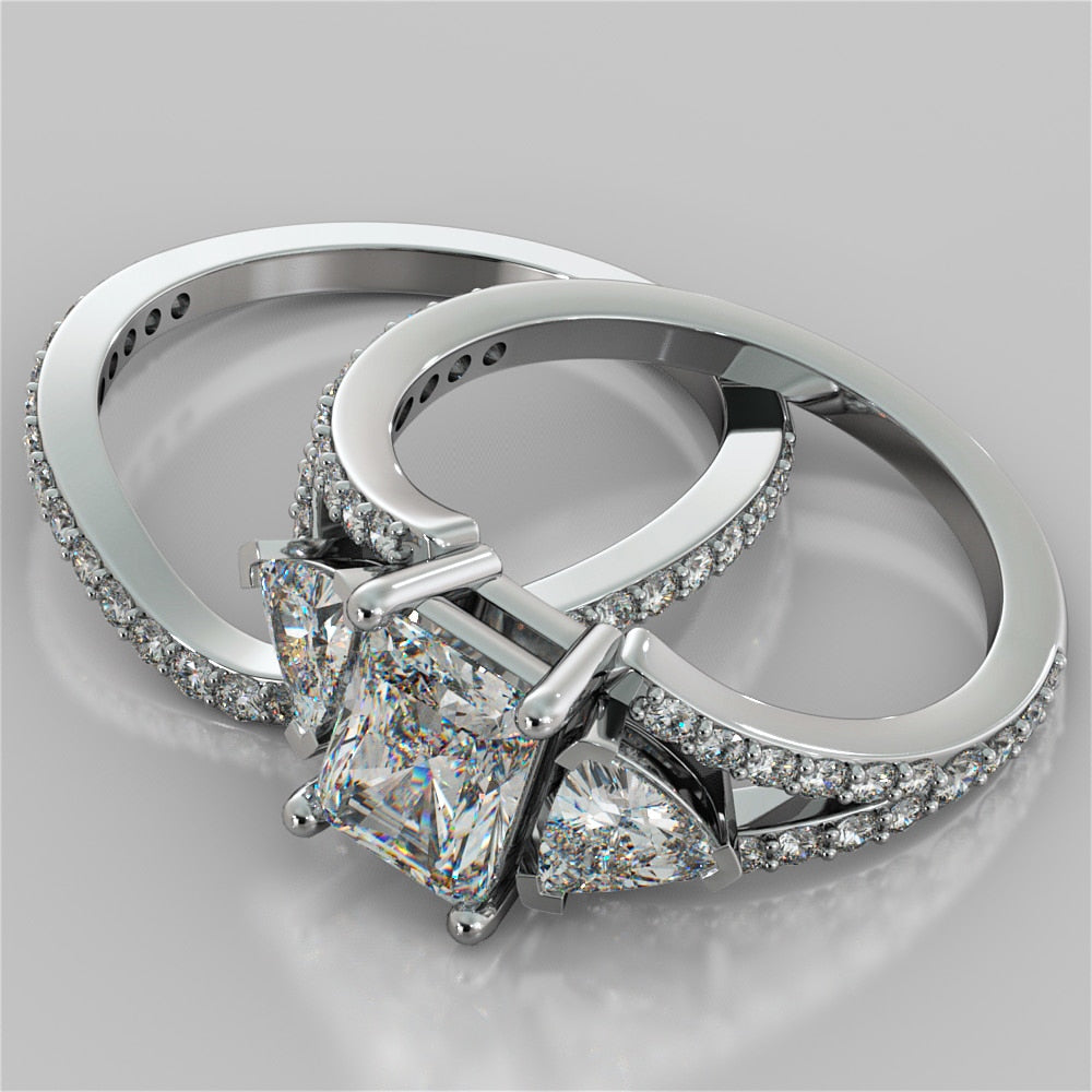 3.08Ct Split Shank 3-Stone Radiant Cut Wedding Set in 14K White Gold