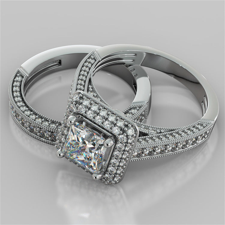 Vintage Crisscross Style Princess Cut Cathedral Trio Wedding Set