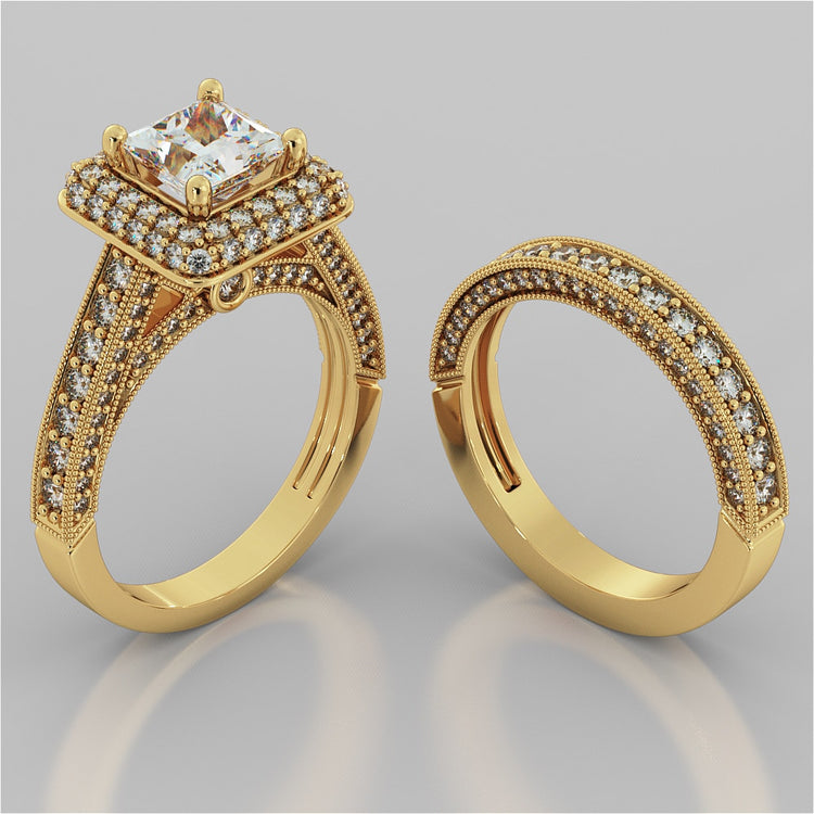 Vintage Crisscross Style Princess Cut Cathedral Trio Wedding Set