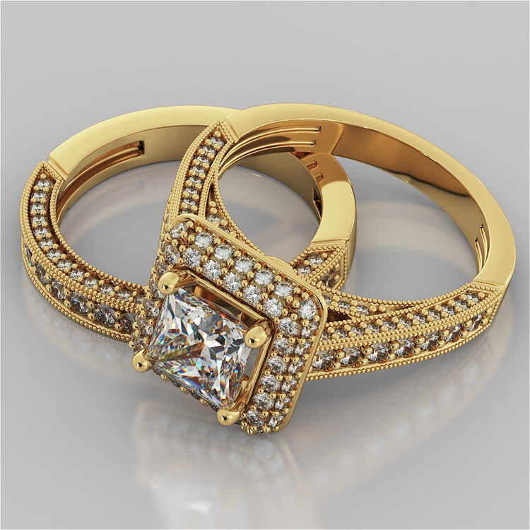 Vintage Crisscross Style Princess Cut Cathedral Trio Wedding Set