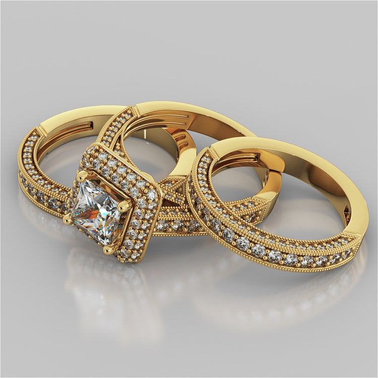 Vintage Crisscross Style Princess Cut Cathedral Trio Wedding Set