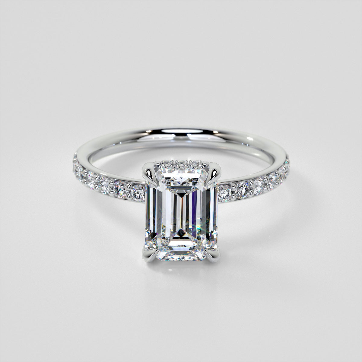 Lab Grown Diamond Emerald Cut Hidden Halo Engagement Ring with Accents