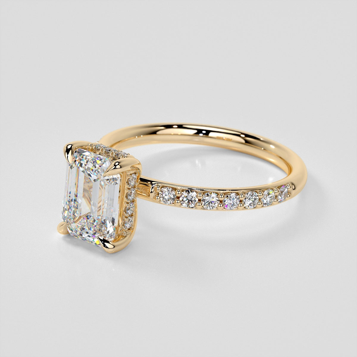 Lab Grown Diamond Emerald Cut Hidden Halo Engagement Ring with Accents