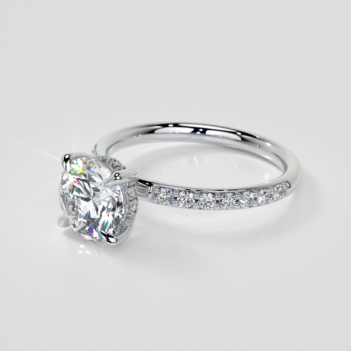Round Cut Hidden Halo Engagement Ring with Accents