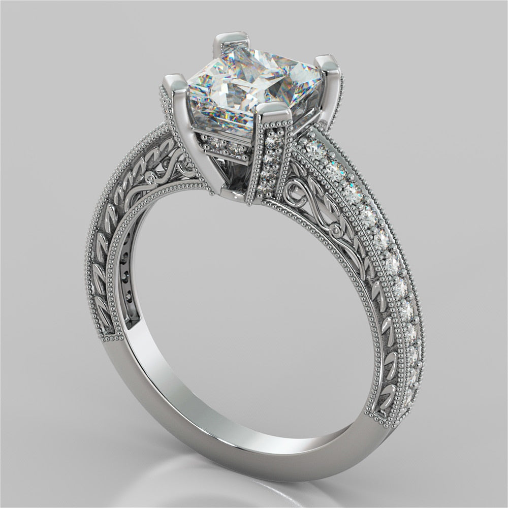 Filigree Style Princess Cut Trio Wedding Set with Round Accents