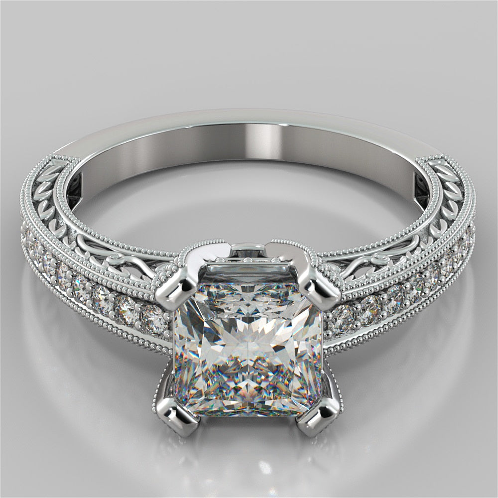 Antique Style Princess Cut Filigree Wedding Set with Accents