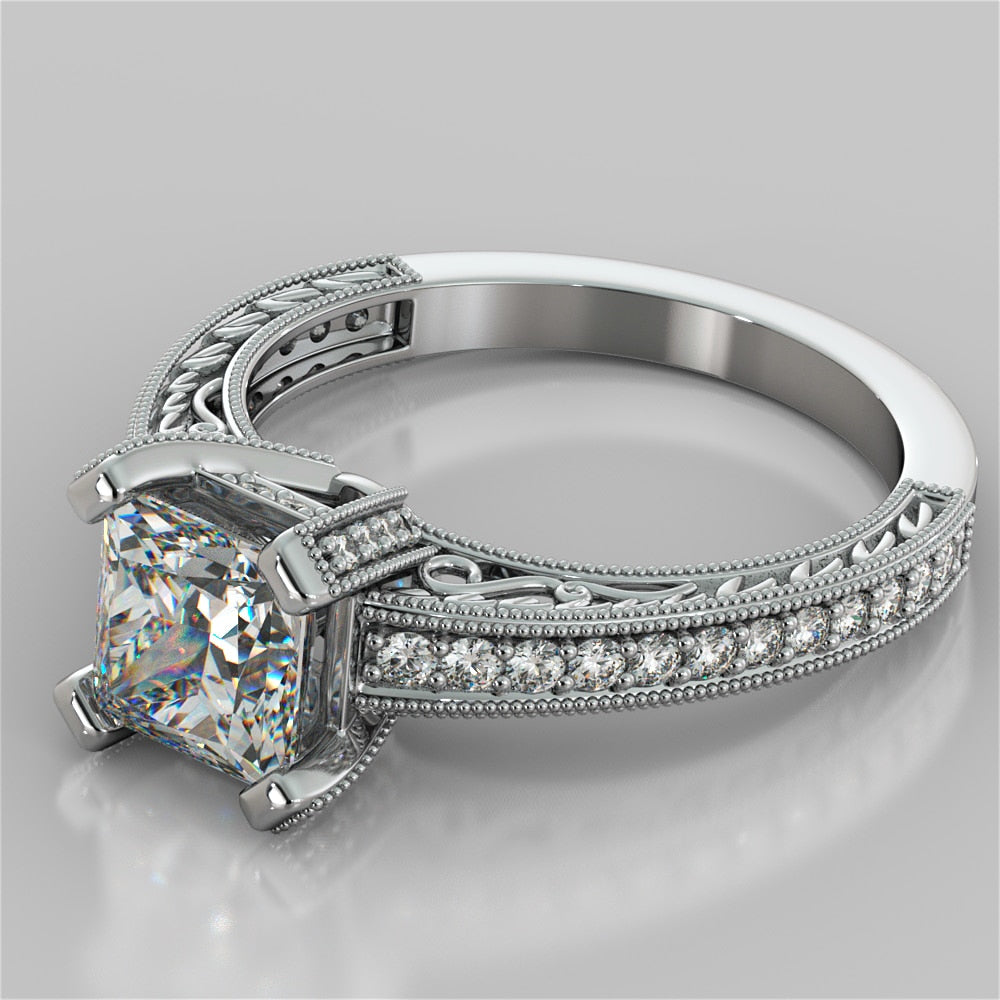 Filigree Style Princess Cut Trio Wedding Set with Round Accents