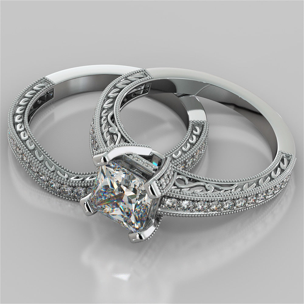 Antique Style Princess Cut Filigree Wedding Set with Accents