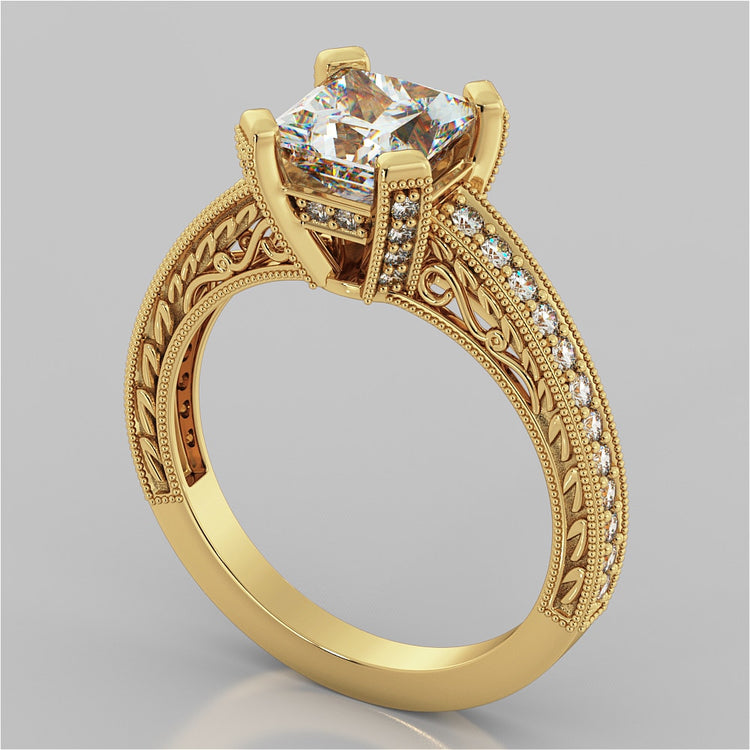 Lab Grown Diamond Princess Cut Filigree Engagement Ring with Accents