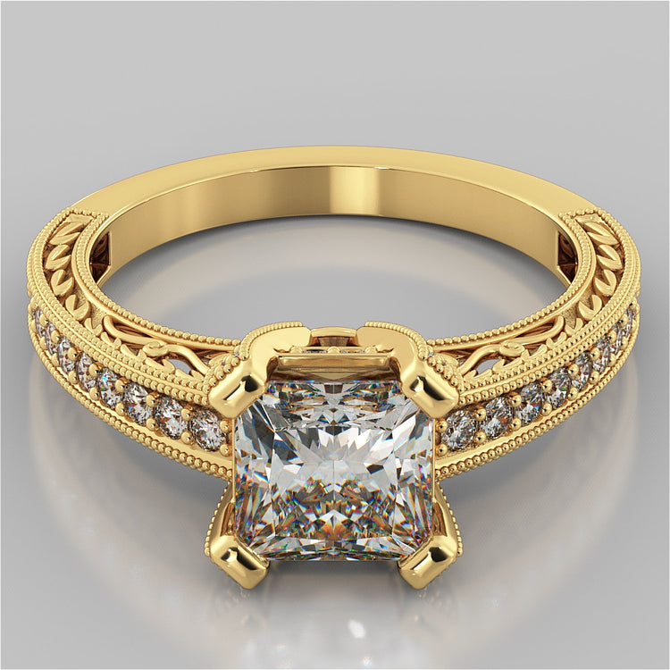 Lab Grown Diamond Princess Cut Filigree Engagement Ring with Accents