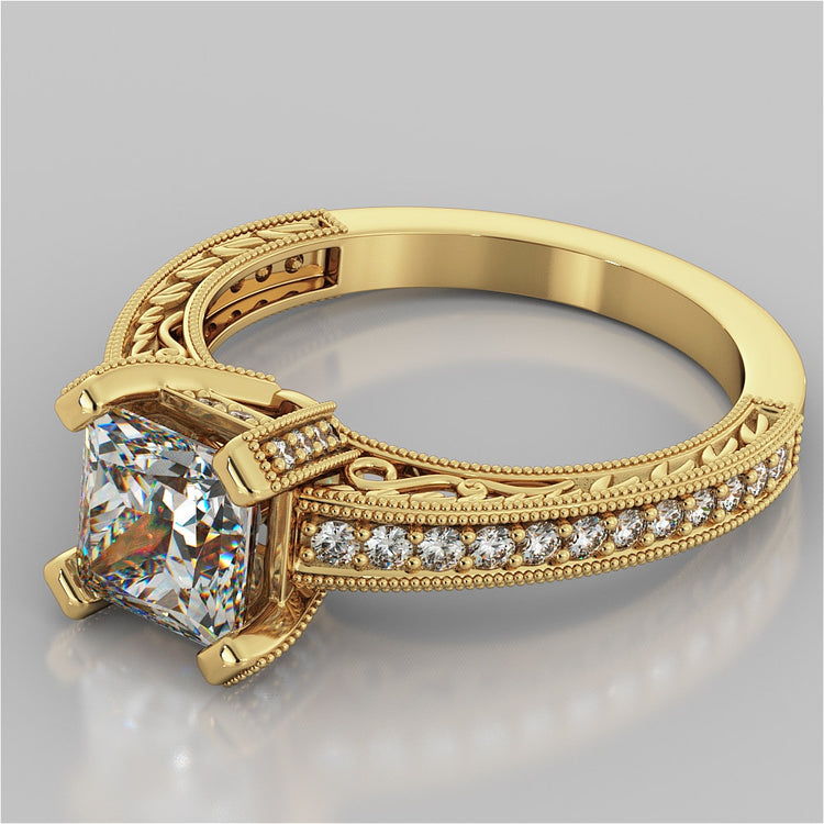 Lab Grown Diamond Princess Cut Filigree Engagement Ring with Accents