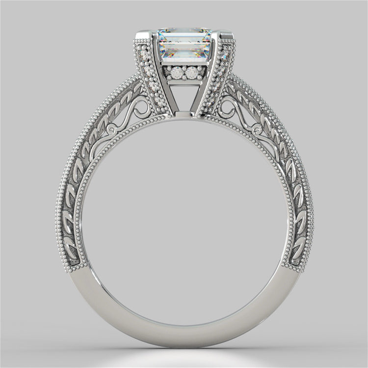 Asscher Cut Trio Wedding Set with Tapered Filigree Shoulders and Round Accents