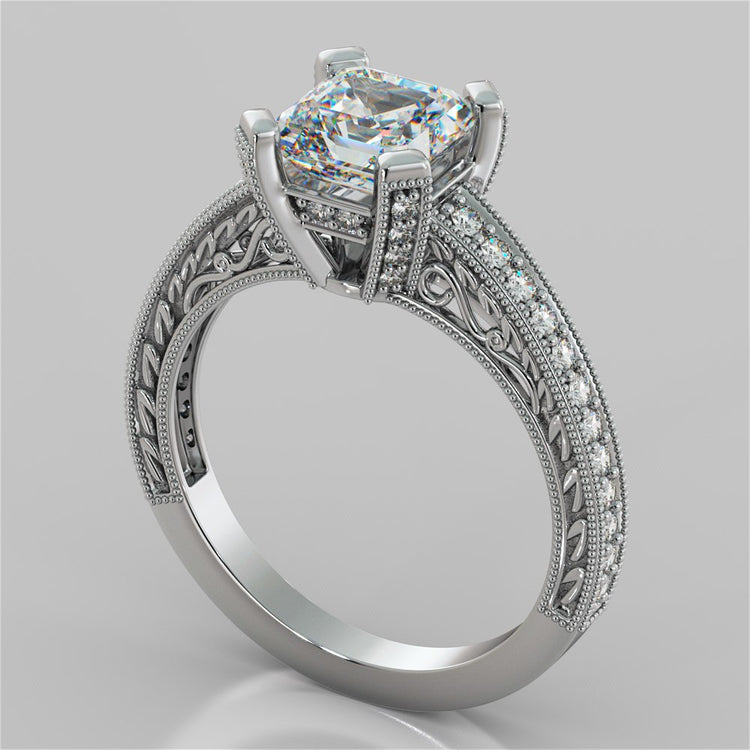 Filigree Style Asscher Cut Engagement Ring with Accents