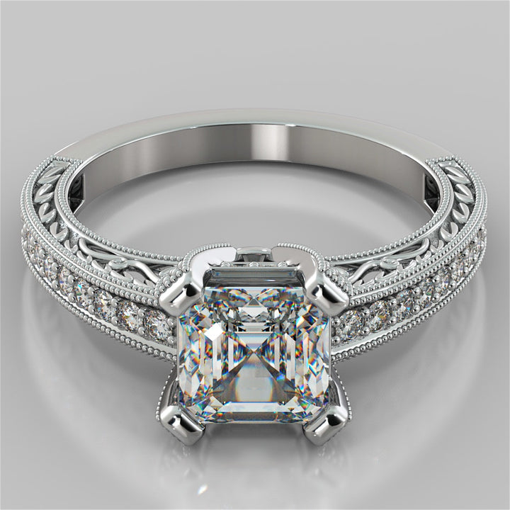 Lab Grown Diamond Filigree Style Asscher Cut Engagement Ring with Accents