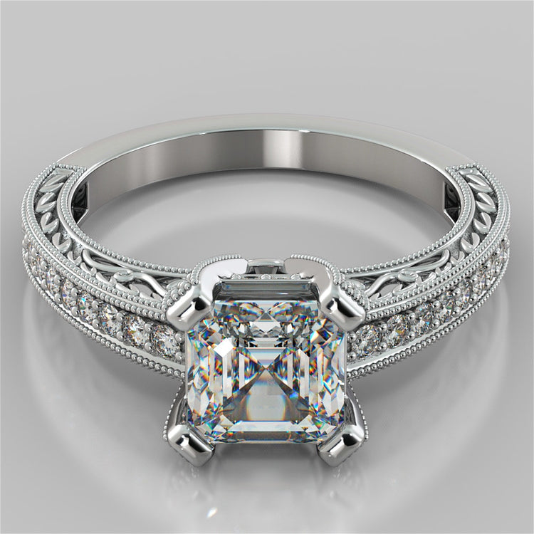 Filigree Style Asscher Cut Engagement Ring with Accents