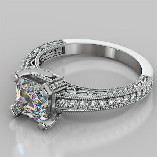 Filigree Style Asscher Cut Engagement Ring with Accents