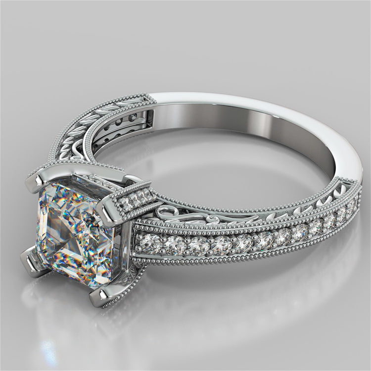 Asscher Cut Trio Wedding Set with Tapered Filigree Shoulders and Round Accents