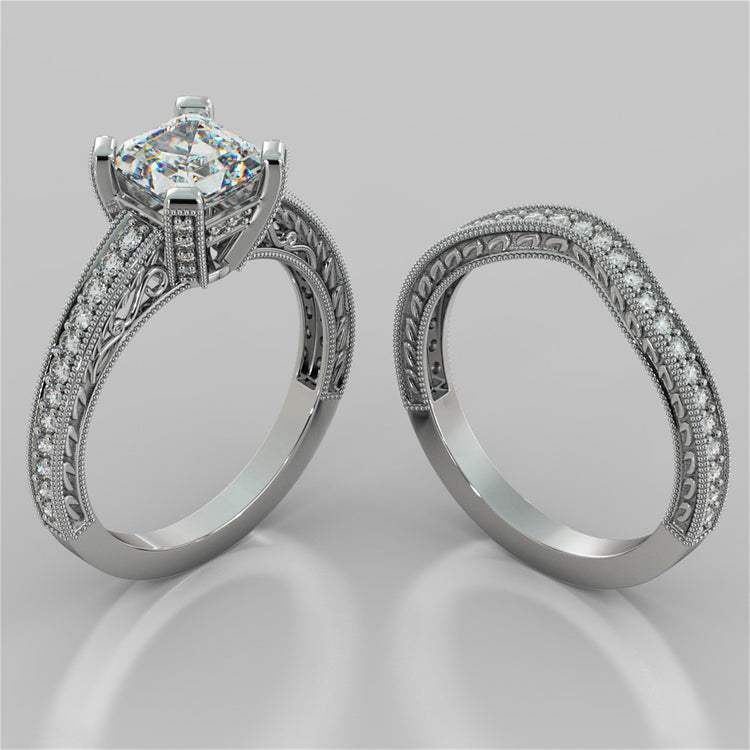 Asscher Cut Trio Wedding Set with Tapered Filigree Shoulders and Round Accents