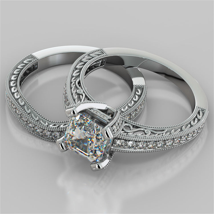 Filigree Style Asscher Cut Engagement Ring with Accents