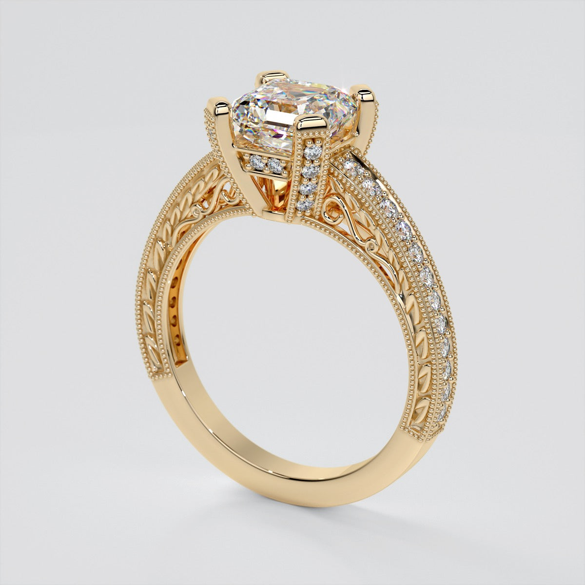 Asscher Cut Trio Wedding Set with Tapered Filigree Shoulders and Round Accents