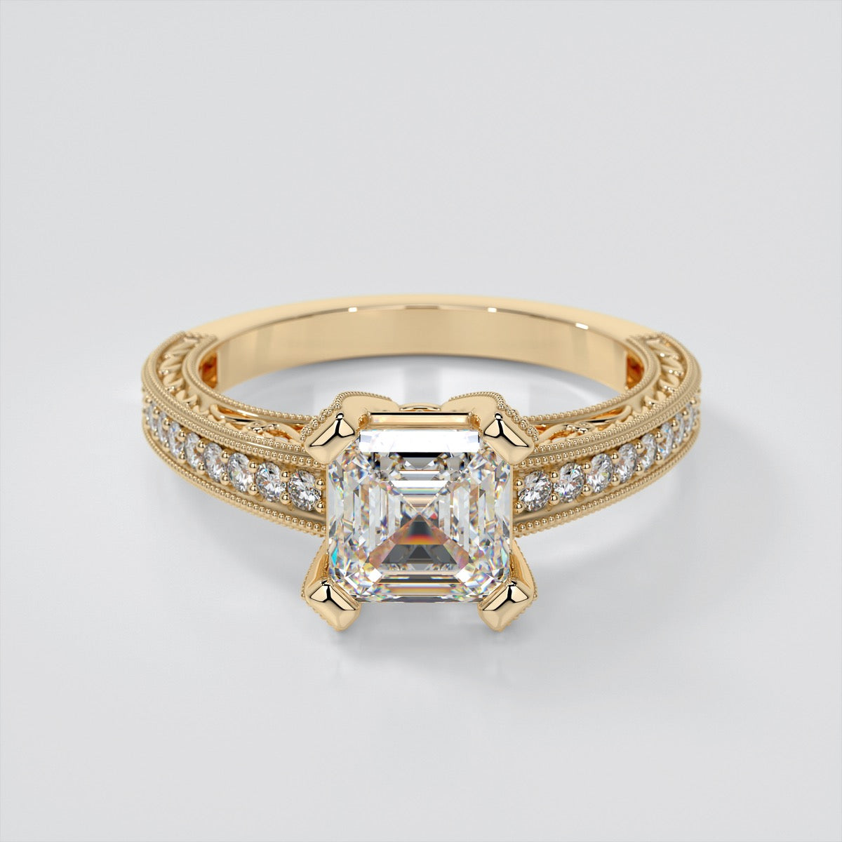 Asscher Cut Trio Wedding Set with Tapered Filigree Shoulders and Round Accents