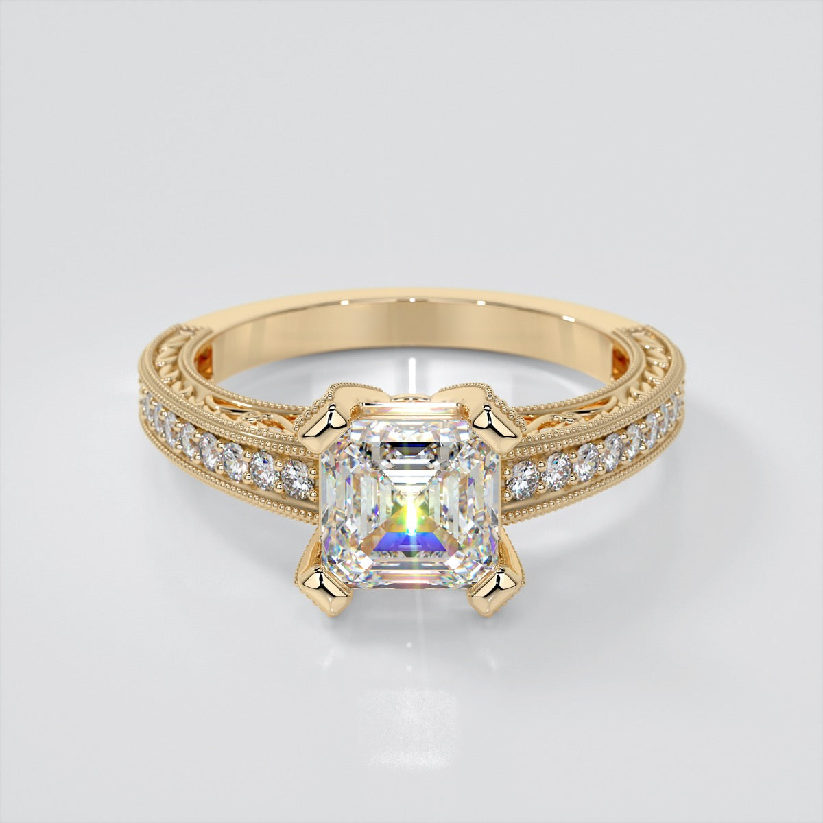 Lab Grown Diamond Filigree Style Asscher Cut Engagement Ring with Accents