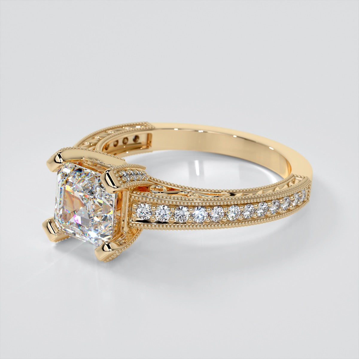 Lab Grown Diamond Filigree Style Asscher Cut Engagement Ring with Accents