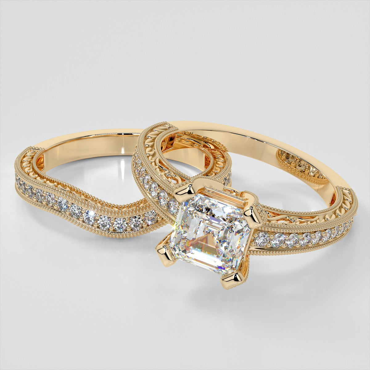 Lab Grown Diamond Filigree Style Asscher Cut Engagement Ring with Accents