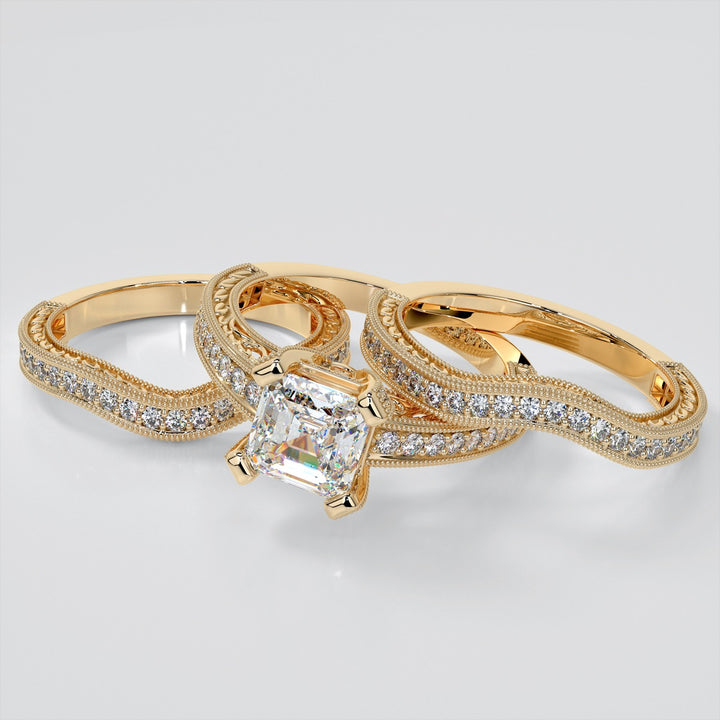 Filigree Style Princess Cut Trio Wedding Set with Round Accents
