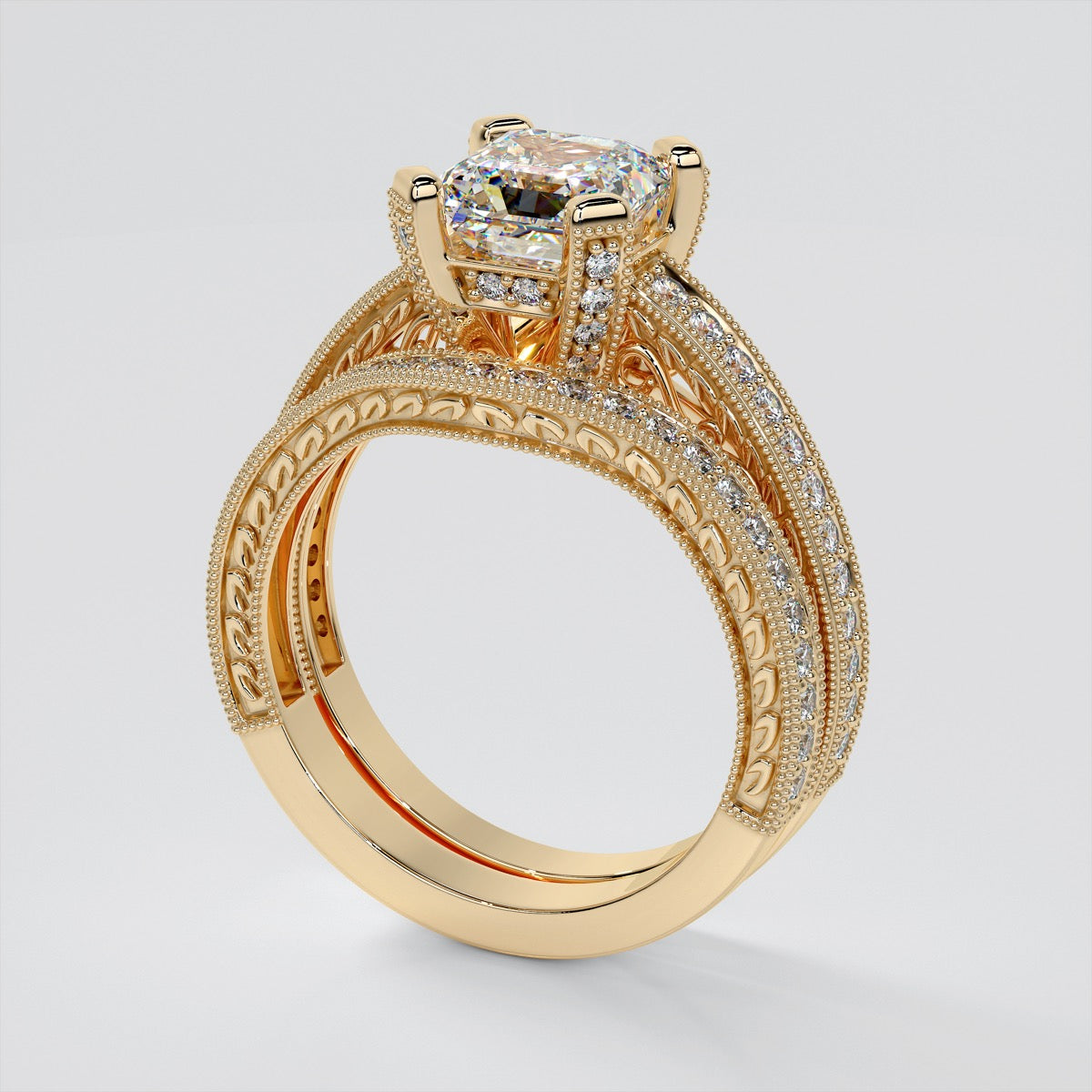 Asscher Cut Trio Wedding Set with Tapered Filigree Shoulders and Round Accents