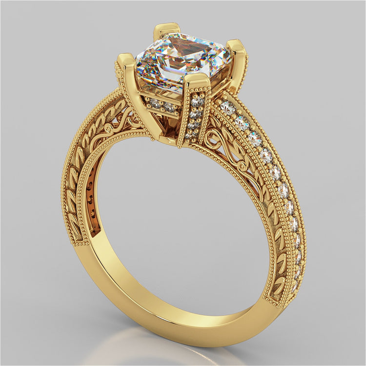 Lab Grown Diamond Filigree Style Asscher Cut Engagement Ring with Accents