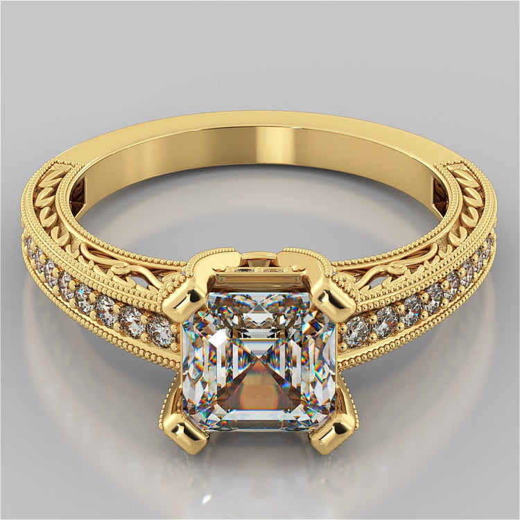 Lab Grown Diamond Filigree Style Asscher Cut Engagement Ring with Accents