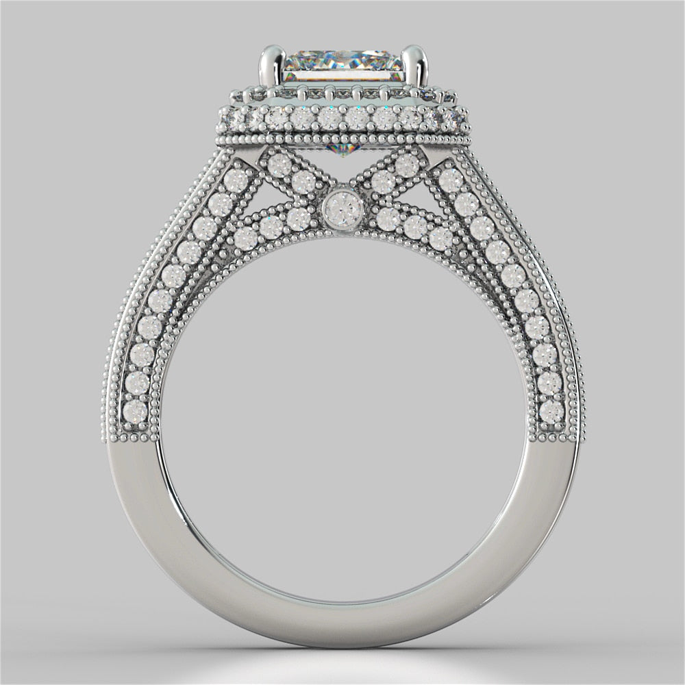 Vintage Style Pavé Double Halo Asscher Cut Cathedral Trio Wedding Set
