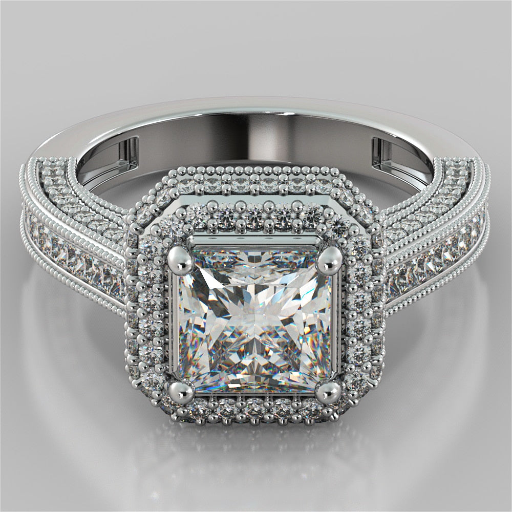 Vintage Style Pavé Double Halo Asscher Cut Cathedral Trio Wedding Set