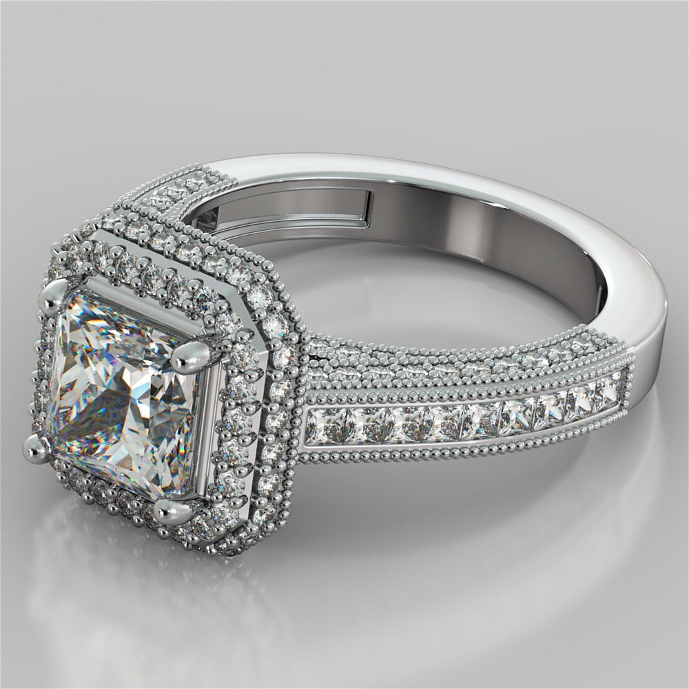 Vintage Style Pavé Double Halo Asscher Cut Cathedral Trio Wedding Set