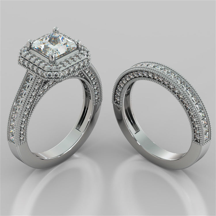 Asscher Cut Cathedral Style Two-Tier Pavé Halo Wedding Set